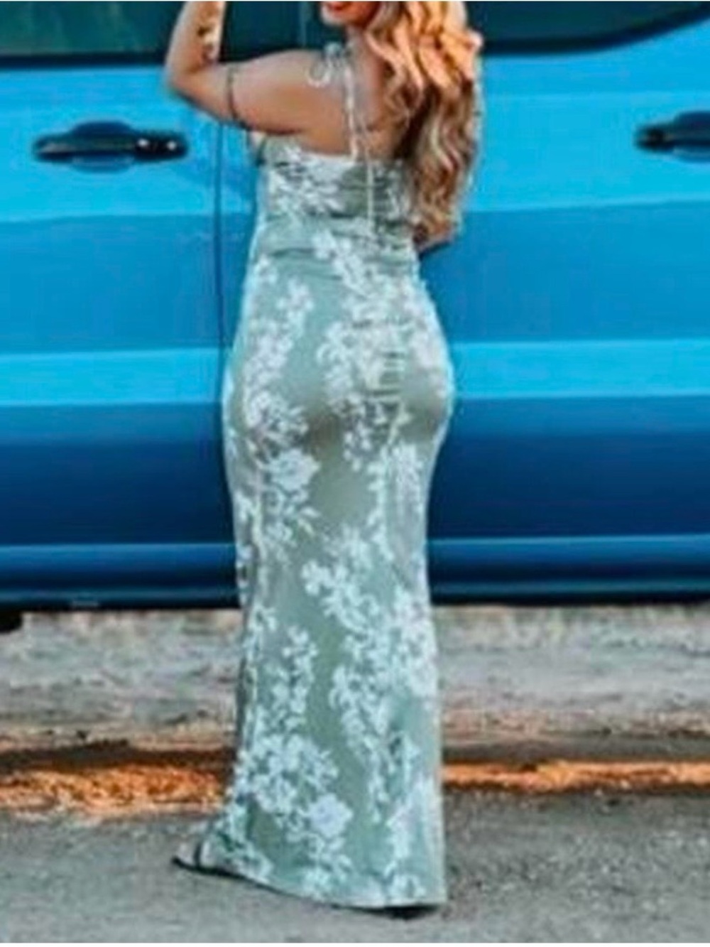 Fashion Nova Sage Green Floral Lace Maxi Dress